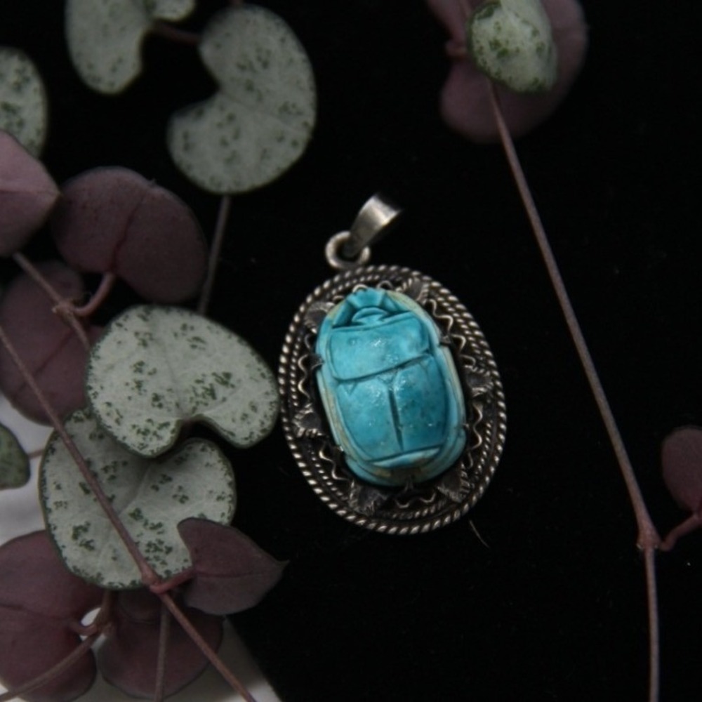 Vintage Solid Silver Scarab Beetle Pendant Faience Enamel Egyptian Revival Insec